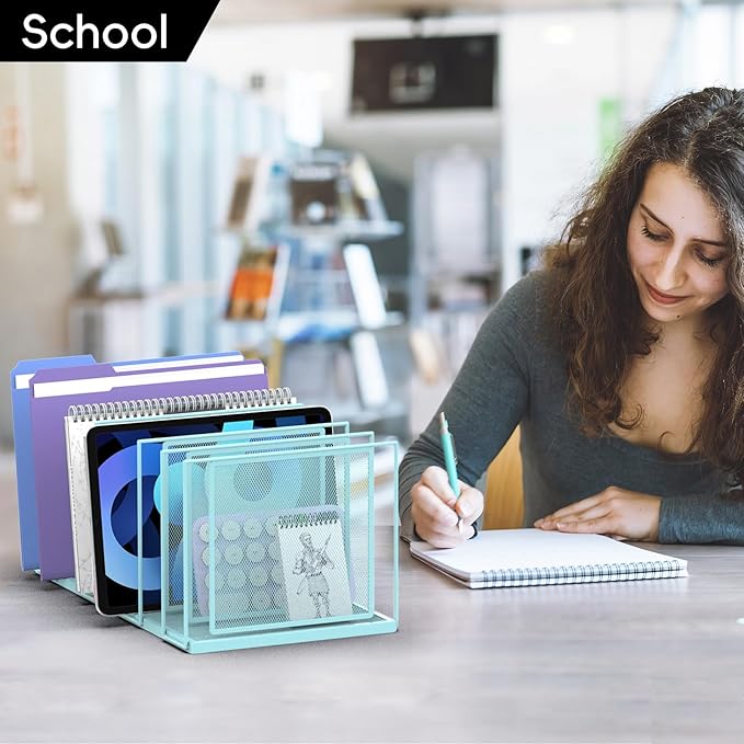 File Organizer for Desk, 7-Section Vertical File Sorter, Paper Holder Organizer Standing Metal File Folder for Office Home Classroom, Blue