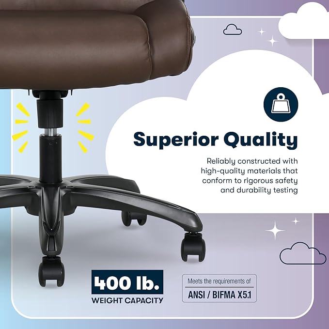 Serta Torrington Big & Tall Office Chair, with Flip-Up Padded Armrests, Ultra-Comfortable ComfortCoils Seat Cushion Technology, Modern Executive Premium PU Desk Chair, Dark Brown