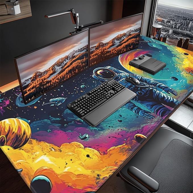 Extra Large Gaming Mouse Pad 48"x24", Non-Slip Rubber Base Galaxy Astronaut Space Mouse Pad, Waterproof Keyboard Mat with Stitched Edges for Work, Game, Office, Desk