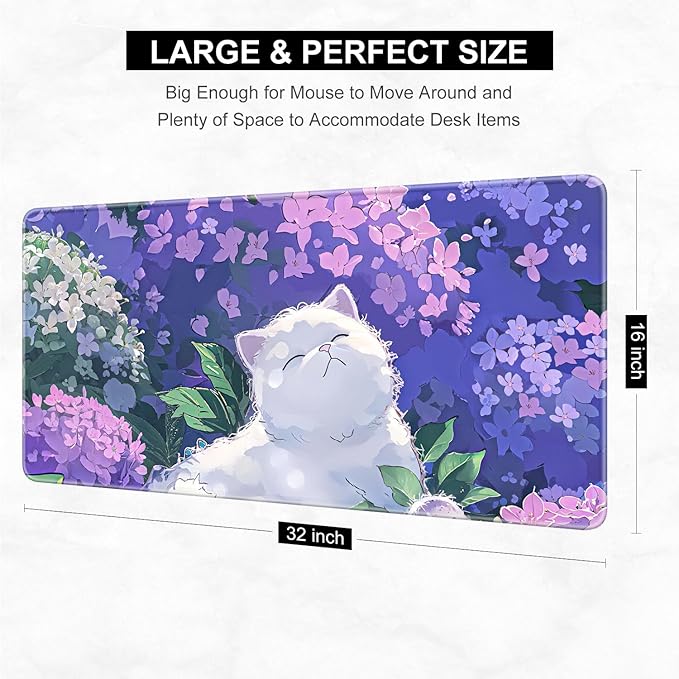 Desk Pad, 32" x 16" XXXL Extended Large Gaming Mouse Pad, Desktop Decor Desk Mat, Men Women Office Supplies and Accessories, Cute Anime Mouse Mat for Laptop & Keyboard, Hydrangea Cat