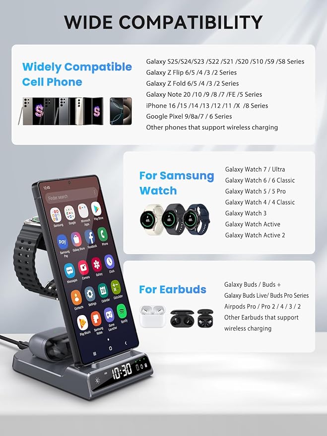 Wireless Charger for Samsung Charging Station with Clock for Samsung Galaxy S25 Ultra/S24/Z Flip 7/Z Fold 6/Bud, 3 in 1 Android Charging Station, Watch Charger for Samsung Galaxy Watch 8/7/6/5 (Grey)