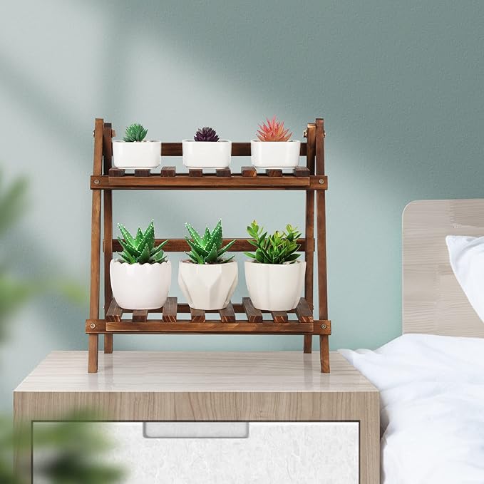 Jotsport 2 Tier Tabletop Plant Stand Step Style Desktop Storage Organizer Wood Display Shelf Decorative Storage Rack, Foldable Small Plant Shelf