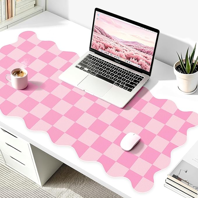 Scalloped Pink Desk Mat, 23.6" x 11.8" Waterproof Large Desk Mat, Non-Slip Computer Mouse Pad and Keyboard Mat, Pink Cute Desk Mat for Office, Work, Home, or Vanity