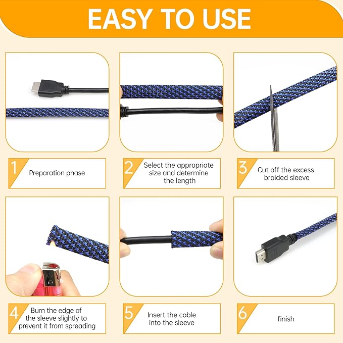 Braided Cable Sleeve, 33ft Expandable Wire Loom for Automotive Wiring Harness & PC Case, Pet-Proof Chew Resistant Cord Protector, Flexible Cable Management (Blue-Black, 10mm (3/8"))