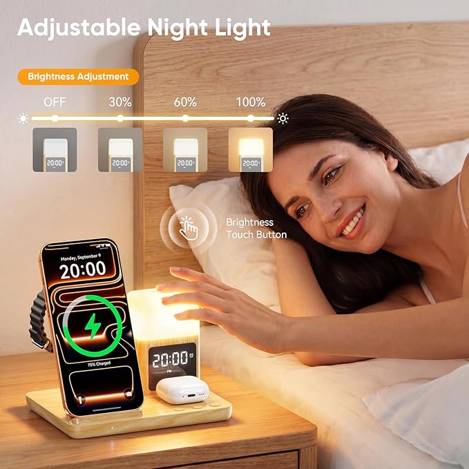 6 in 1 Wireless Charging Station with Clock & Night Light，Alarm Clocks for Bedrooms,Wireless Charger Stand with Beside Clock for iPhone 17/16/15/14/13/12 Pro Max, Apple Watch,Airpods (Wood)