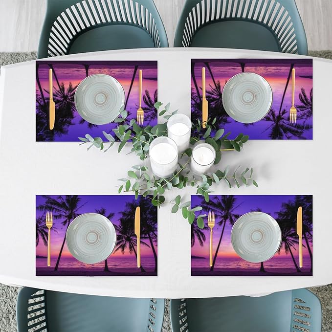 Placemats Set of 4 Heat-Resistant Rectangle Place Mats Beach Purple Sunset Washable Plastic PVC Dining Table Mat Non-Slip Wipeable Woven Vinyl Placemat for Kitchen Patio Table Decor