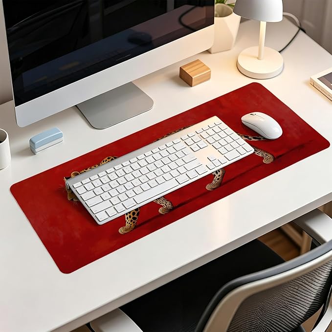 Vintage Red Leopard Large Mouse Pad,Bold Wild Animal Cheetah Desk Mat,Maximalist Luxury Aesthetic Wildlife Cat Mousepad for Home Office Dorm Decor,31.5x11.8 Inch
