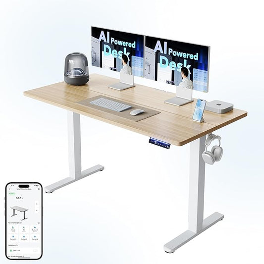 HUANUO AI-Powered Electric Standing Desk with Smart APP, Work with Alexa & Google, Adjustable Height, 3 Memory Settings, Sedentary Reminder, Ergonomic Sit-Stand Desk, 55-inch, Light Walnut