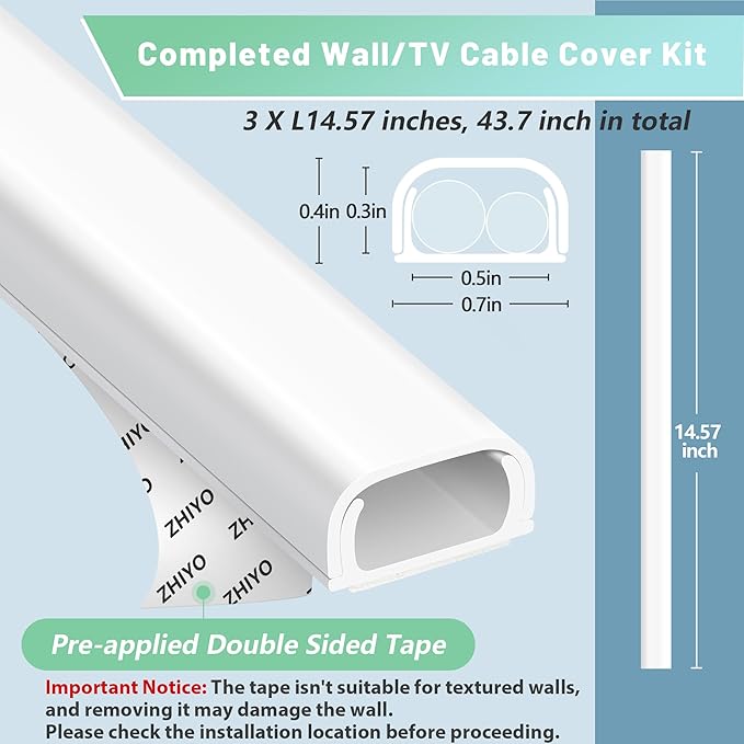 ZhiYo Wire Covers for 2 Cords, 43.7in Cord Hider on Wall Mounted, Beige Cord Cover Kit, TV Cable Cover Cable Concealer for Extension Cord, Ethernet Cable, Speaker Wire, 0.7in(W) x 0.4in(H)
