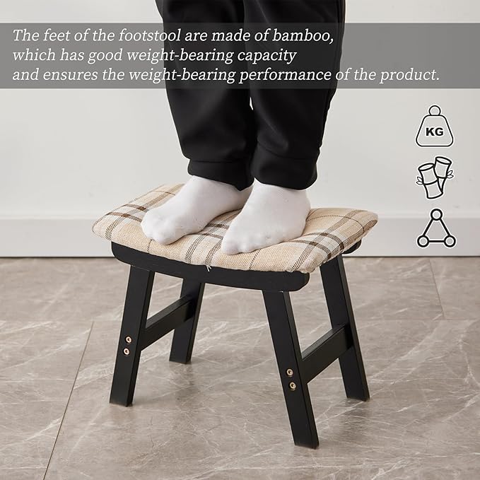 Kitsanery Foot Stool,Ottoman,Bamboo Small Sofa Foot Rest Under Desk,Extra Seating for Living Room, Bedroom and Kitchen (Black Stool Legs - Stripes Surface)