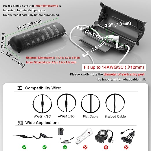 Flemoon Outdoor Extension Cord Safety Cover with Waterproof Protector Seal, Weatherproof Electrical Connection Box for Outdoor Outlets, Plugs, Sockets, Holiday Decorations, Power Tools, Black