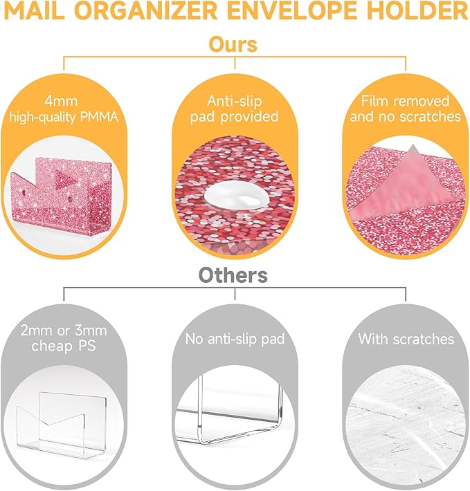Mail Organizer Envelope Holder - Glitter Pink Acrylic Mail Holder Countertop Vertical Desk Organizer Small File Bill Document Notebook Letter Sorter for Home School Office Supplies