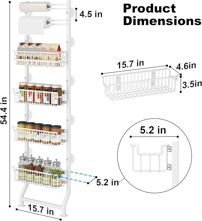 BUKFEN 6-Tier Slim Corner Shelf, Spice Rack Next to Fridge Slim, Narrow Storage Cabinet Organizer for Kitchen,Bathroom，White
