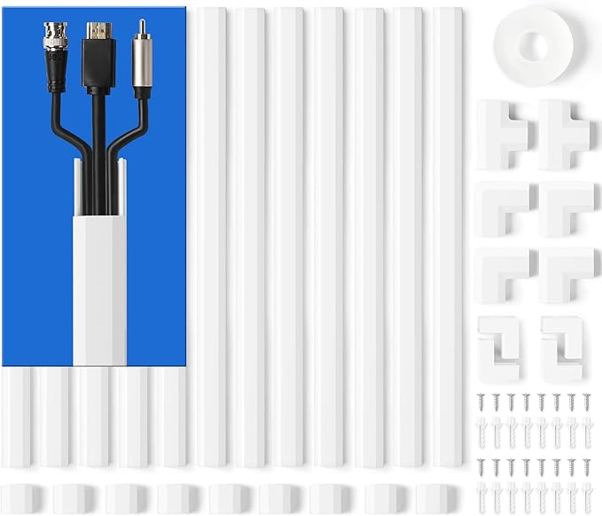 ZhiYo Wall Cable Hider, Cord Hider to Hide 2-3 Cords, TV Wire Hider for Wall, 204in Cable Management Kit, 12 x L17in Cable Raceway White, Paintable Cable Concealer, W0.98in x H0.5in