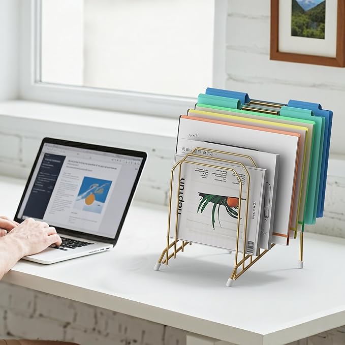 Incline Sorter Desk File Organizer, Metal Desk Magazine Folder Holder with 8-Section Vertical Compartments Rack File Organizer for Office, Home, School (2, Gold)