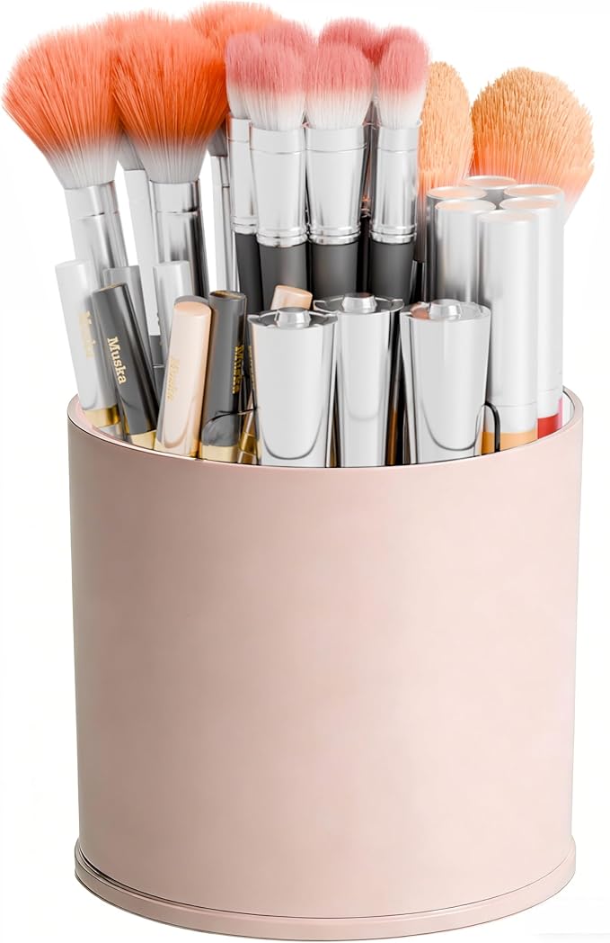 Yieach Rotating Acrylic Makeup Brush Holder for Vanity,Bathroom Countertop,Round Makeup Brushes Organizer,Spinning Cosmetic Brushes Holder,Make up Brush Storage and Office Desk Pen or Pencil Cup,Pink