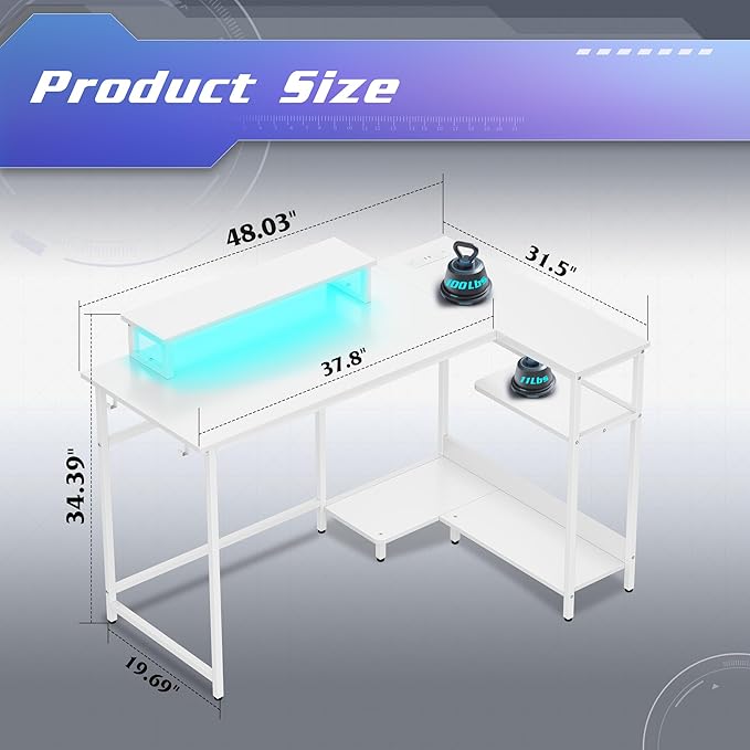 DEVAISE 47" L Shaped Gaming Desk with LED Lights and Power Outlets - Spacious Corner Computer Table with Monitor Stand and Storage Shelves for Work and Gaming, White