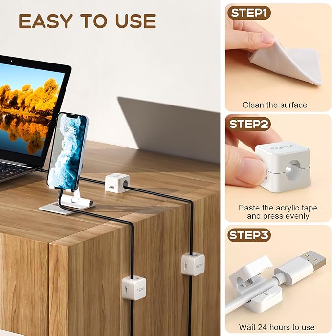 6 Pack Magnetic Cable Clips, FlyCoco Cell Phone Cord Holder for Nightstand, Cord Organizer for Side Table, [Smooth Adjustable] Mini Cube Cord Holder for Home Office Desk Phone Car Wall Desktop(White)