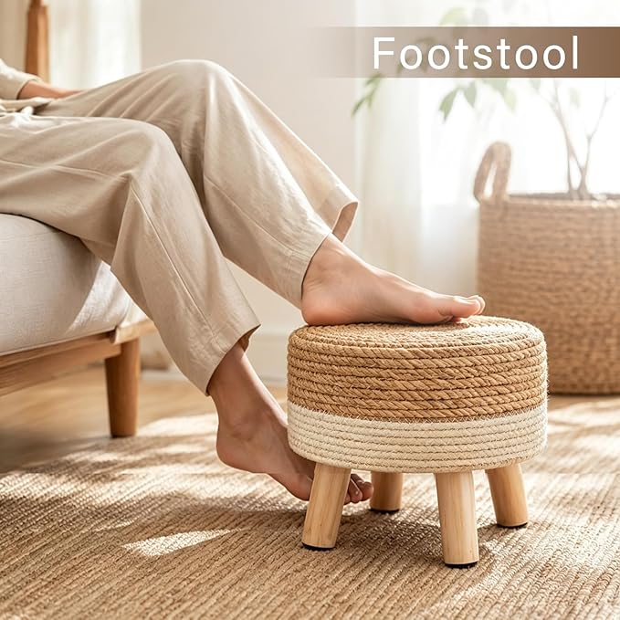 Wimarsbon Round Foot Stool Natural Seagrass Poufs Ottoman Hand Weave Footrest Stool for Couch Desk Extra Seat Step Stool with Solid Wood Legs for Hallway Patio Lounge White