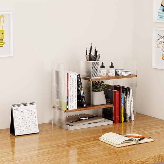 BYCY Double H Display Bookshelf Desktop Organizer Office Storage Rack Desk Expandable Wood Display Shelf with Acrylic Side Board Free Style Display Adjustable Stackable for Home Office (Black Brown)