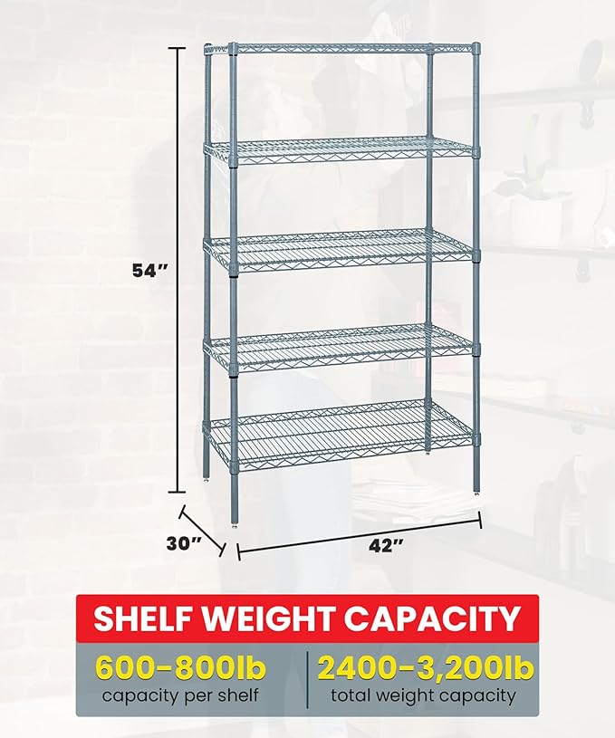 Quantum Storage Systems WR54-3042GY-5 Wire Shelving 5 Shelf Starter Units, 30" x 42" x 54", Gray Epoxy