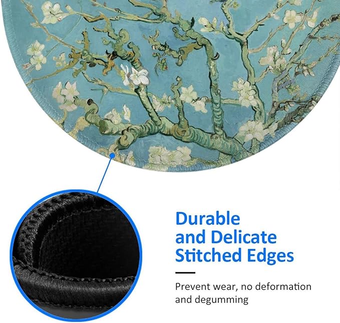 Van Gogh Almond Blossom Round Mouse Pad Premium Textured Mouse Mat Washable Mousepads with Extended Stitched Edges Non Slip Rubber Base Small Mousepad 7.9 * 7.9 * 0.12 Inches