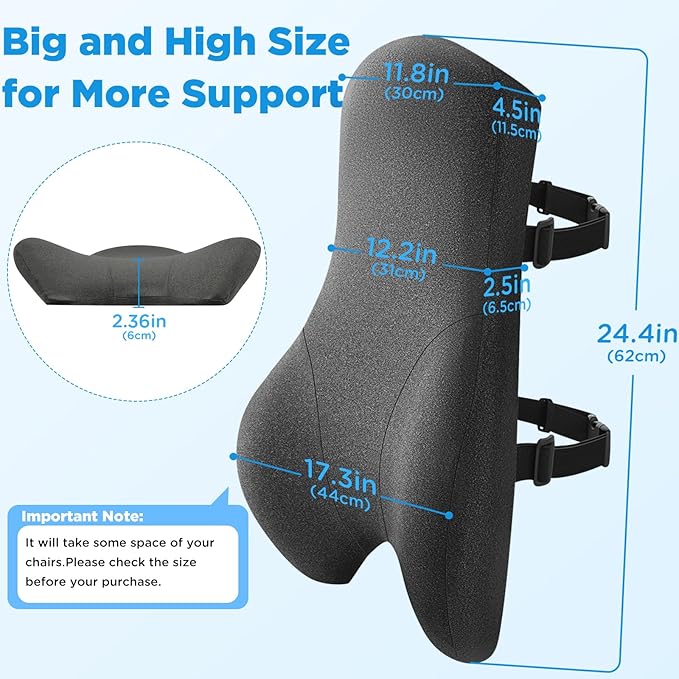 High Back Support Pillow for Office Chair Lumbar Support Pillow, Office Home Essentials- Memory Foam Fully Support Back Cushion for Desk, Gaming Chair, Promotes Posture Pain Relief Adjustable Straps