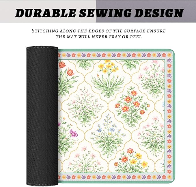 Cottagecore Floral Mouse Pad, Vintage Garden Botanical Gaming Desk Mat Extended Laptop Keyboard Non-Slip Rubber Base with Stitched Edges for Home, 31.5x11.8in Desk Home Office Gaming