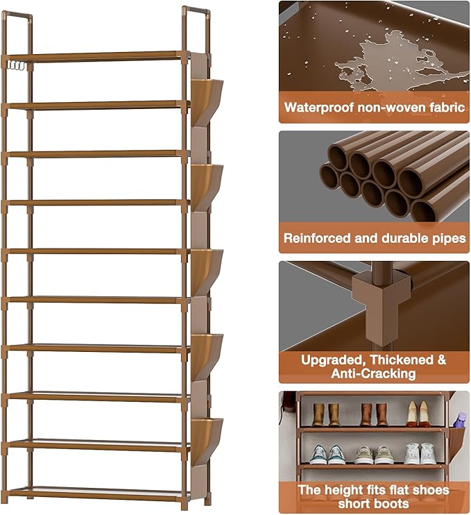 LUKYTOWER Tall Shoe Rack - 10 Tier Organizer for Closet, 30-35 Pairs, Large Capacity with 5 Hooks and Side Pocket, Sturdy Shoe Shelf, Vertical Shoe Stand Tower
