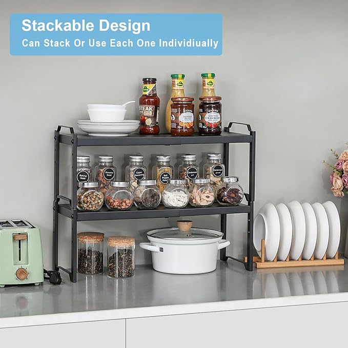 X-cosrack 25.5 Inches 3 Pack Expandable Cabinet Shelves, Stackable Shelf Organizer for Kitchen Cabinet Countertop Storage, Adjustable Counter Cupboard Pantry Organizer Shelf Rack Stand Riser, Black