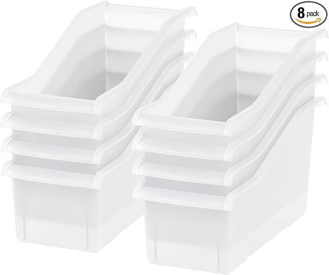 IRIS USA Plastic Book Bin Magazine Holder, 8-Pack, Vertical Standing Connecting Container Box for Office Dorm Study Homework Binder Notebook File Craft Stationery Supplies Organizer Caddy, Clear