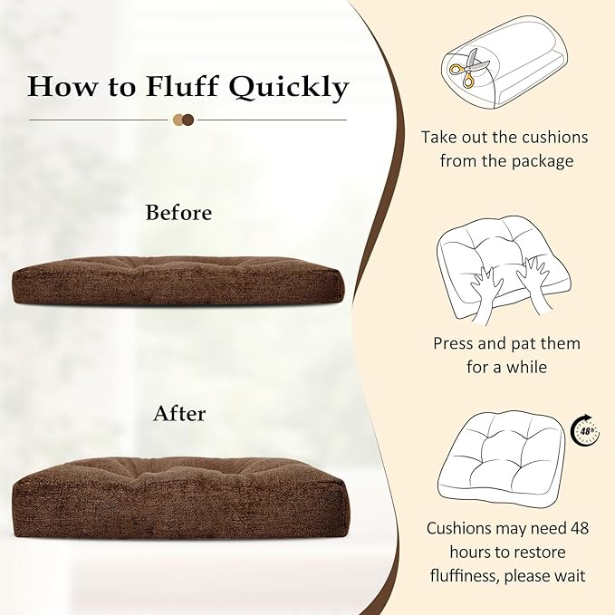downluxe Chair Cushions for Dining Chairs 2 Pack, Tufted Indoor Chair Pads with Non-Slip Bottom, U-Shaped Kitchen Chair Cushions, 17"x17"x4", Brown