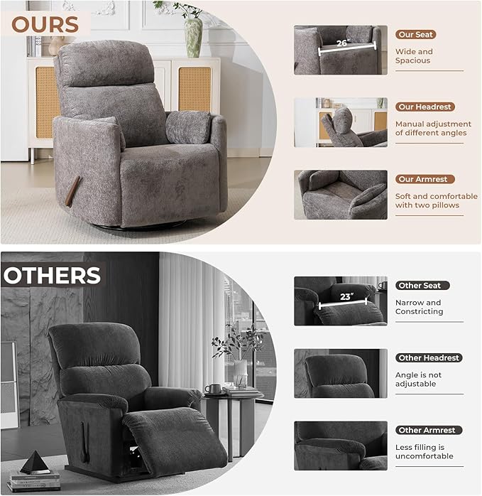 Oversized Swivel Rocker Recliner with Massage and Heat, Swivel Nursery Recliner With Adjustable Headrest, Manual Rocker Recliner Chair with Two Removable Pillows, Rocking Nursery Chair, Dark Grey