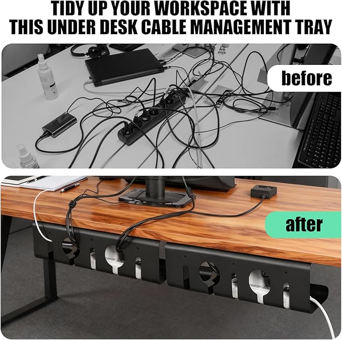 Under Desk Cable Management Tray, 16.5" L x 4.7" W x 4.3" H, 2 Pack Under Desk Cable Tray, Wire Organizer for Power Strip, Tape Mount or Screw Mount, Easy Install Cord Raceway for Desk & Home
