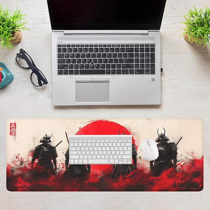 Samurai Gaming Mouse Pad Japanese Warrior Black Graffiti Red Sun Extended Mousepad Waterproof Stitched Edges Rubber Base Non-Slip Deskpad Computer Keyboard Mat 31.5x11.8 in