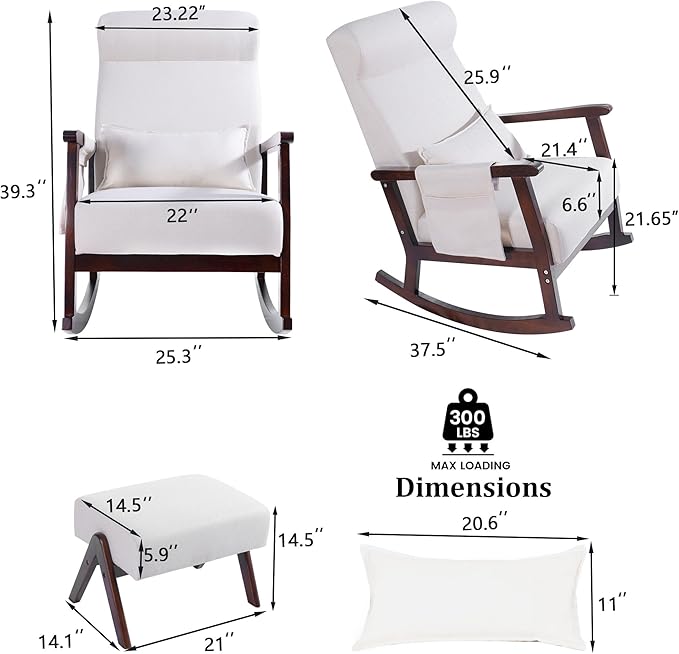 NOBLEMOOD Rocking Chair Indoor with Ottoman, Upholstered Rocking Chair with Lumbar Pillow, Side Pocket, High Back Solid Wood Frame Rocker with Footrest for Living Room