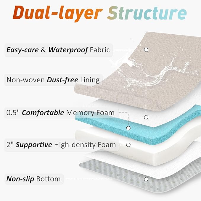 downluxe Chair Cushions for Dining Chairs, Memory Foam Linen Kitchen Chair Pads with Ties, Waterproof, Stain-Resistant and Washable Cover, 17" x 16" x 2.5", Beige, 2 Pack