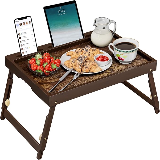 Bamboo Breakfast Tray with Telescopic Legs Tray with Foldable Legs and Removable Stand | Ergonomic Handle | Portable Bed Tray for Dining, Working, Laptop, Tablet and Phone，Vintage Walnut