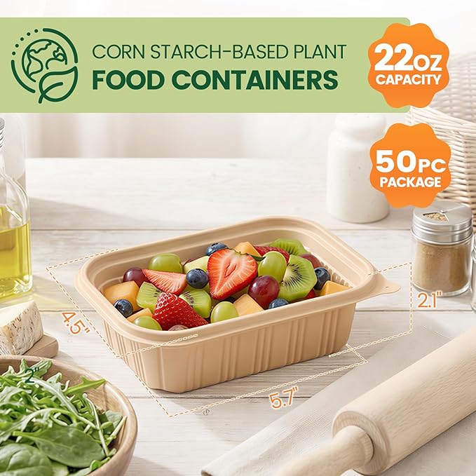 50 Pack (100 Piece) Food Containers with Lids, 22oz Meal Prep Containers Reusable Plant-based Cornstarch Lunch Box BPA Free Small Disposable Take Out Togo Boxes for Salad Microwave & Freezer Safe