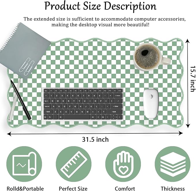 Scalloped Desk Mat Extended Large Cute Mouse Pad Vintage‌ Desk Pad XXL Aesthetic Plaid Mousepad Checkered Gaming Mouse Pad for Keyboard Computer Laptop Home Office Accessory Girly 31.5X15.7Inch Green