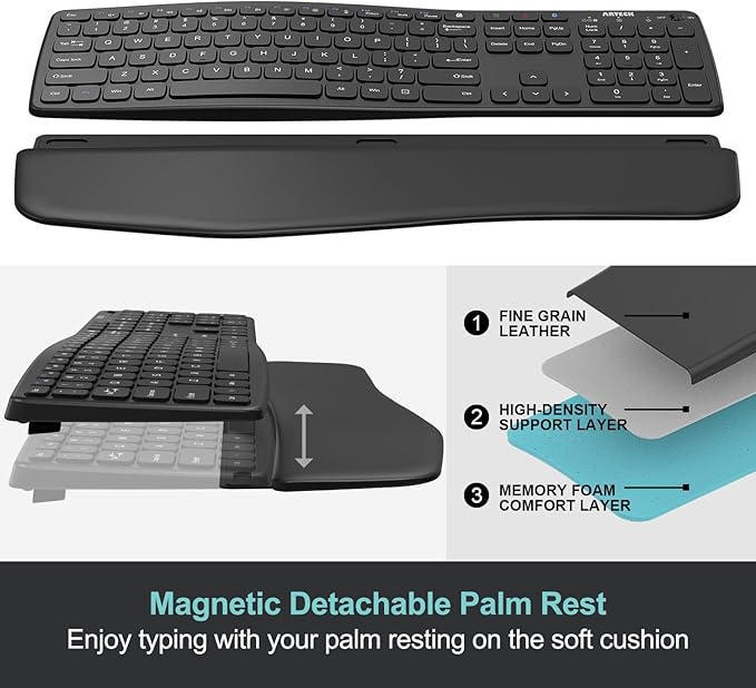 Arteck Multi-Device Ergonomic Wireless Bluetooth Keyboard with Nano USB-A, USB-C Type C Receiver Palm Wrist Rest Full Size Keyboard for Windows iPad OS Android, Computer Desktop Laptop PC Tablet