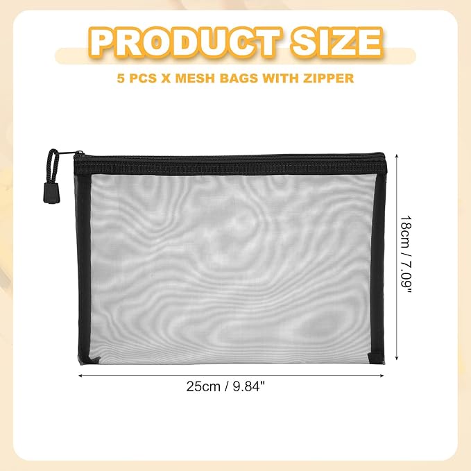 PATIKIL A5 Mesh Zipper Pouch Bags, 5 PCS Mesh Bags with Zipper Plastic Storage Pocket for Organizing File Beads Office Home Supplies, 18x25cm, Black