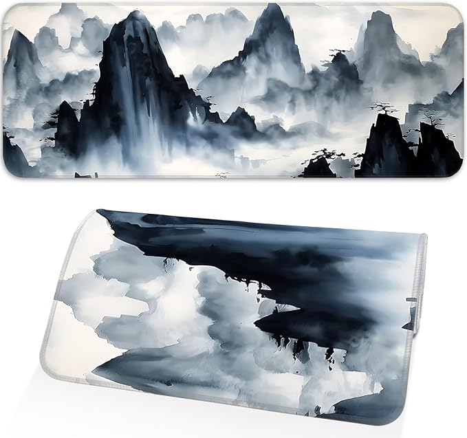 Mouse Pad, Gaming Mouse Pad, Ink Landscape Painting, Non-Slip Rubber Bottom, Stitched Edges, Suitable for Home, Office, Laptop, Keyboard Desk Pad, 31.5x11.8 Inch, Peak