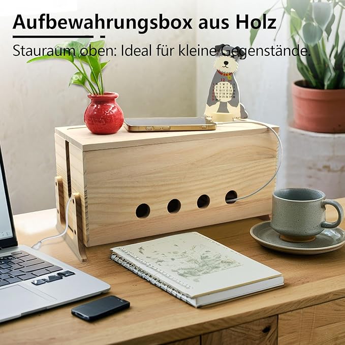 Large Cable Management Box, Wood Cord Hider Box & Organizer for Power Strip Hider Cable Storage for Office, TV Wires, Desk Cord Organizer, 14.2" x 6" x 6.3", Natural, Wood