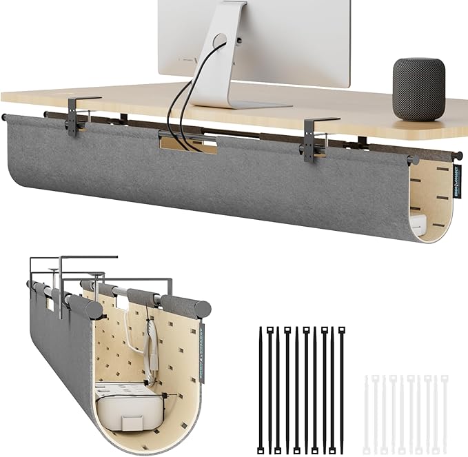 No Drill Under Desk Cable Management Tray, 45.2" Felt Cord Organizer for Table, Clamp/Screw Mount Wire Management with Privacy Panel for Standing Desk & Home Office (Gray/Khak)