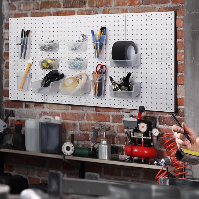 Roowest 60 Pcs Pegboard Cups Pegboard Bins Set, Wall Organizer with Hooks and Loops, Hooks Assortment Organizer Accessory for Office Storage Garage Craft Workshop(Clear)