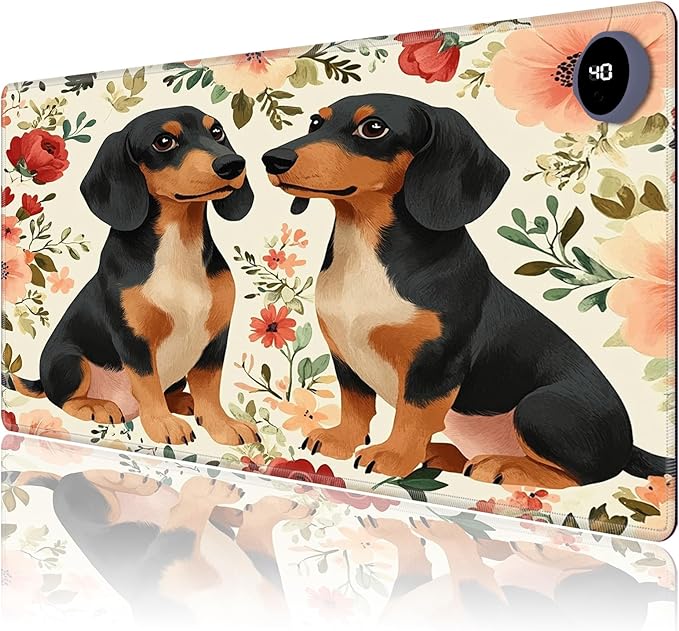 Heated Mouse Pad,Warm Desk Pad with 3 Levels Heating & 3 Hours Auto Shut-Off, PU Leather Heated Desk Pad Warmer Pad for Home Office - 31.5 x 13 inch,Dachshund Dog Flowers