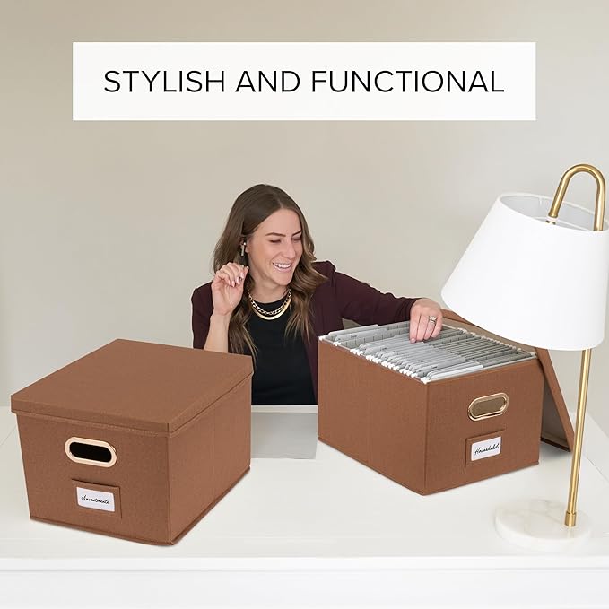 ZICOTO Decorative File Organizer Box Set of 2 - Collapsible Linen Filing Cabinets with Handles Are Perfect to Store All Your Documents & Hanging File Folders - Portable Easy Slide Crates with Lid