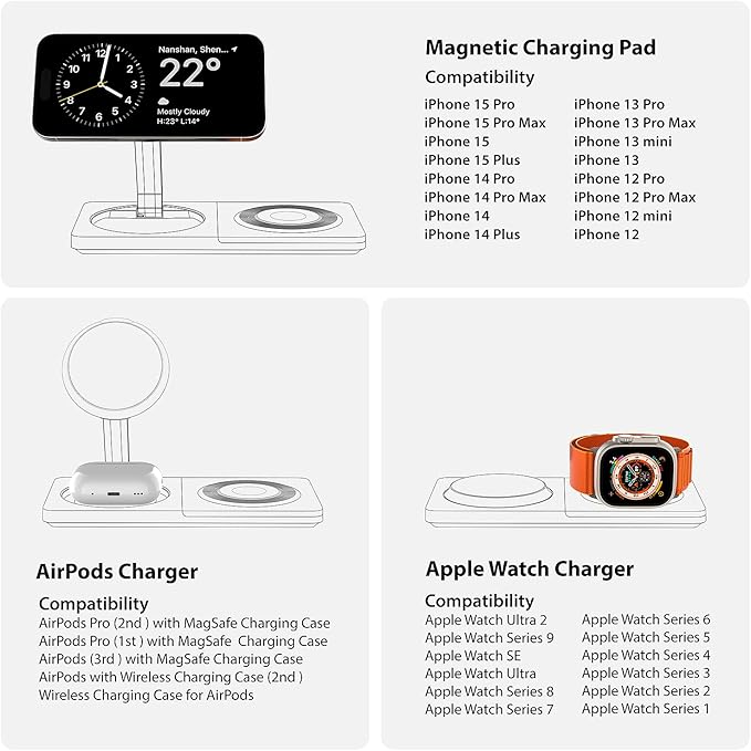 3 in 1 Charging Station for Apple Devices: Mag-Safe Charger Stand Fast Charging, Wireless Charger for iPhone 17 Air 16 15 14 13 12 Series, Apple Watch Series 1-9/Ultra, AirPods Pro (Golden)