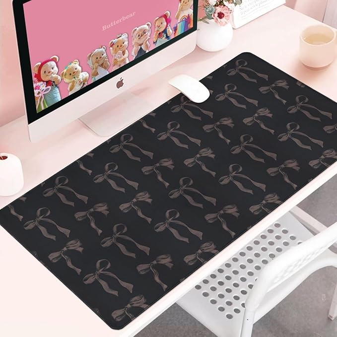 Large Desk Mat, Black Bow Mouse Pad 31.5 x 15.7, Coquette Mouse Pad Black Cute Desk Matt, Aesthetic Office Desk Accessories, Stitched Edge, Non-Slip Base Girly Gaming Mouse Pad Computer Keyboard Mat